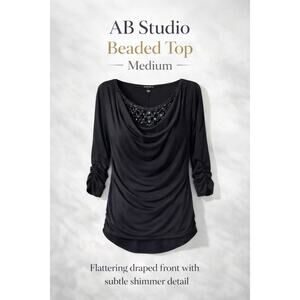 AB Studio Beaded Top Medium Black Drape Neck Ruched 3/4 Sleeve Blouse